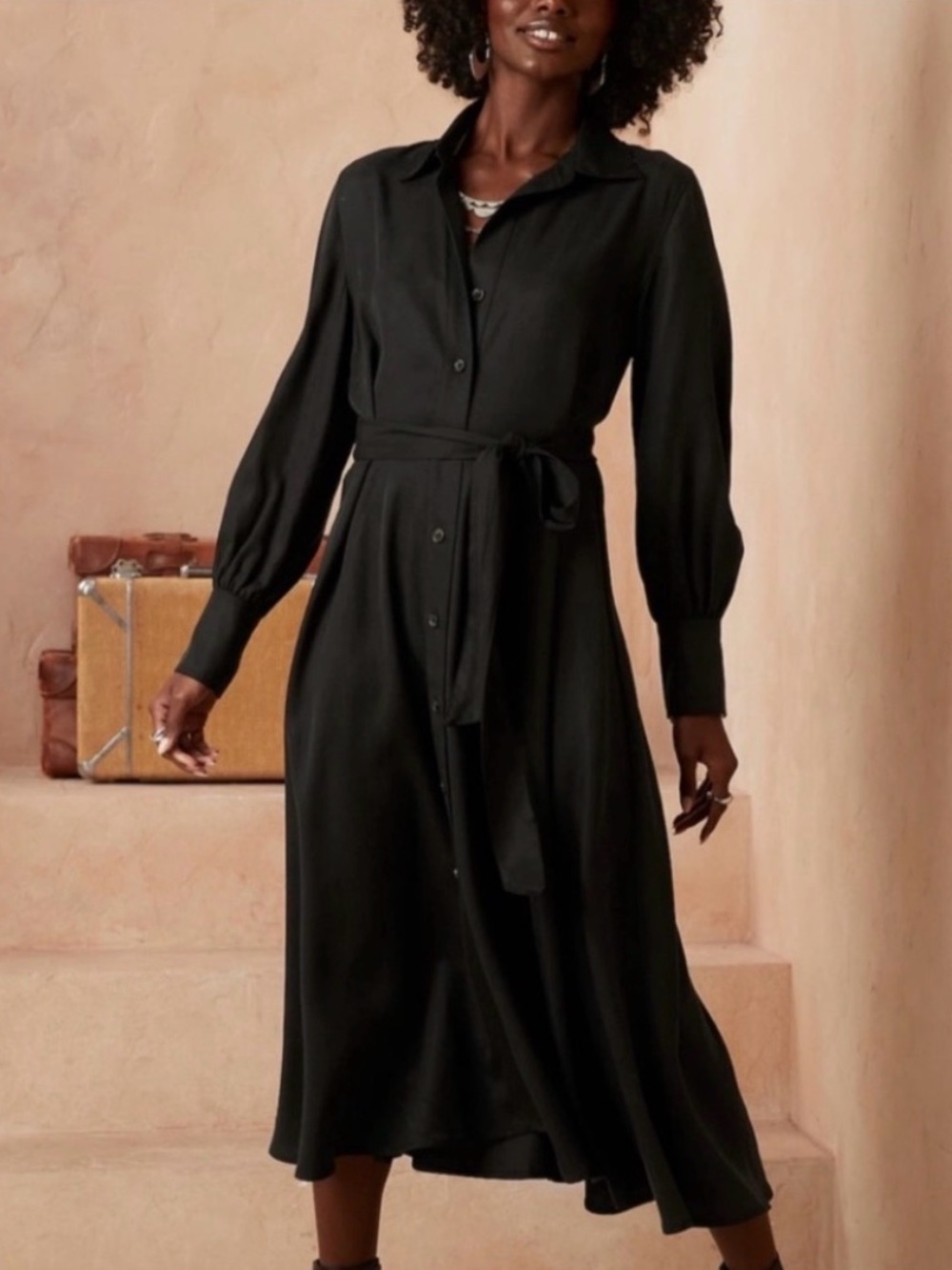 Banana Republic Women’s Black Maxi Shirt Dress with Waist Tie